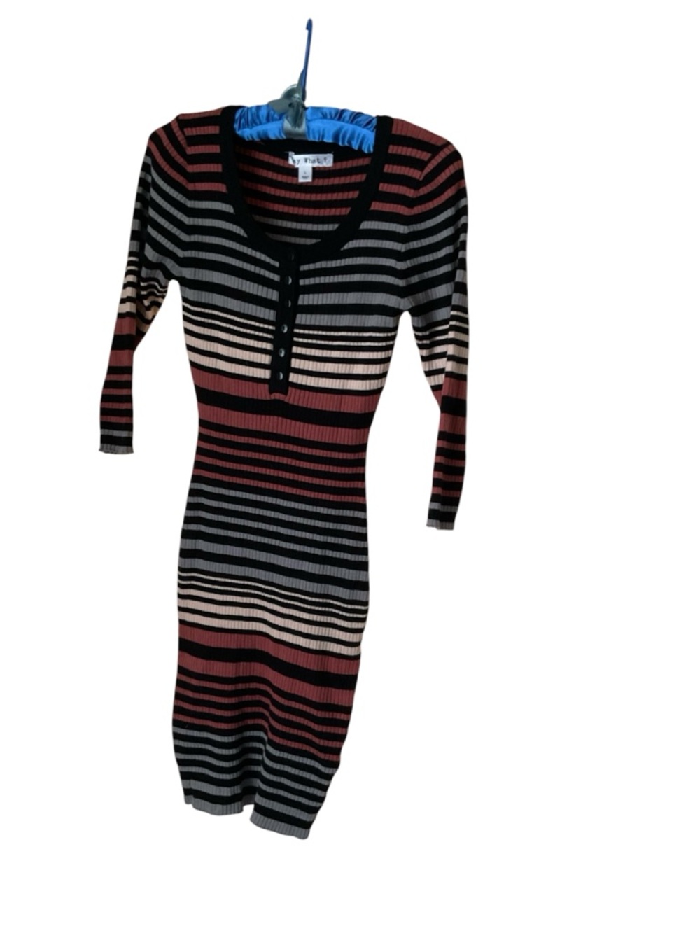 Say What? Striped Ribbed Henley Sweater Dress - Black, Rust & Gray
